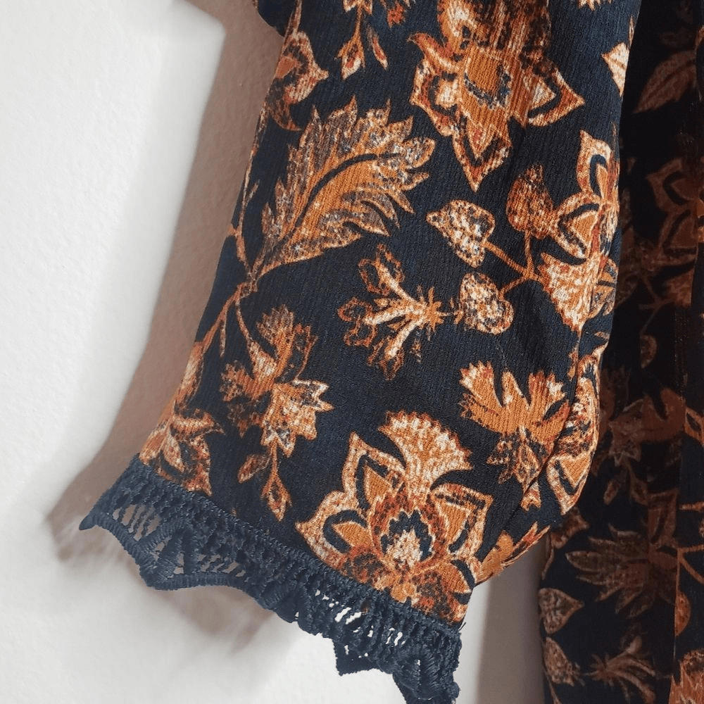 Off The Shoulder Ruffle Peasant Blouse - Deep Navy Sepia Flowers - XS - Picture 9 of 9